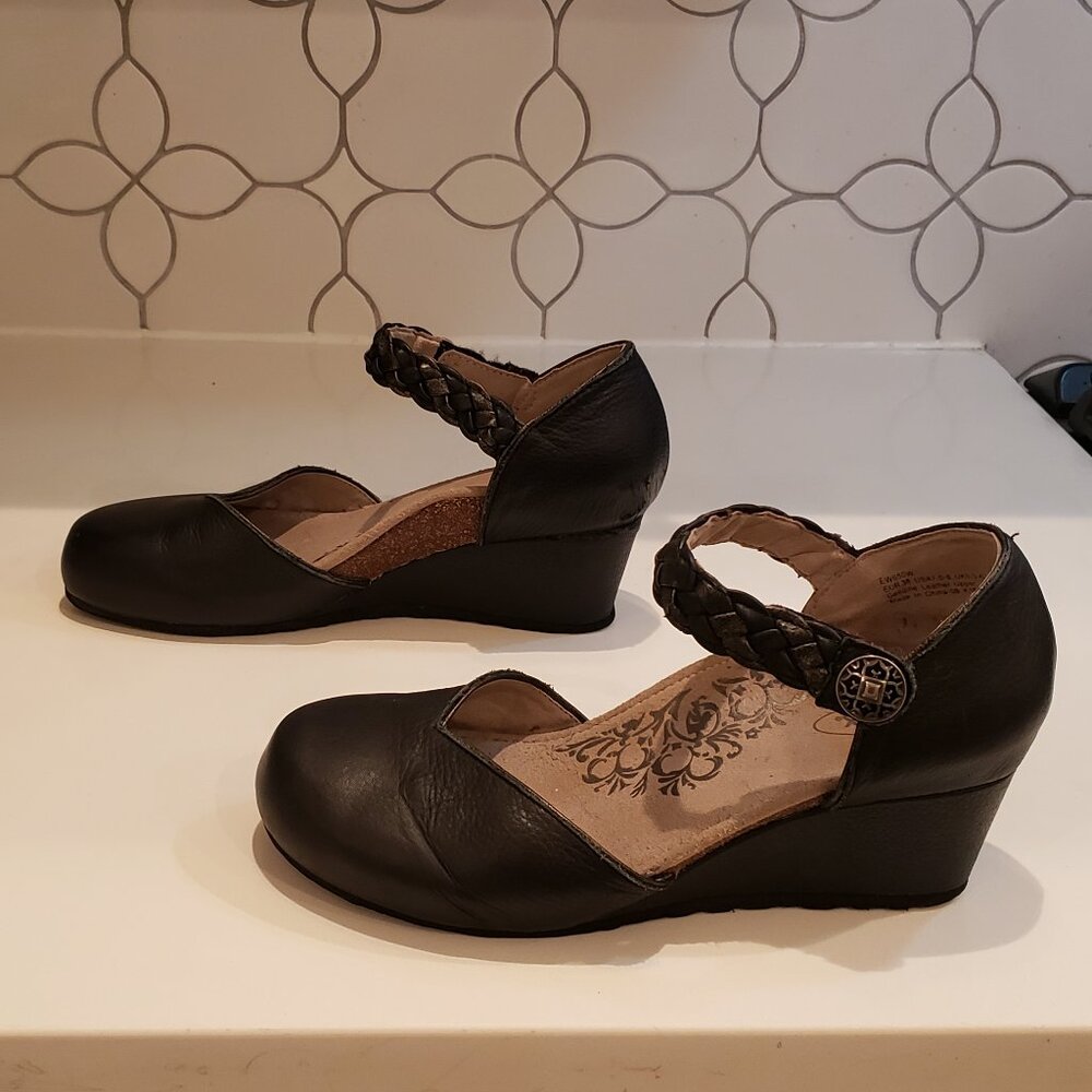 Aetrex Black Leather Braided Strap Mary Jane Wedge Comfort Shoes - Picture 5 of 15